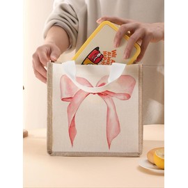 Bowknot Pattern White Lunch Bag, Portable Lunch Box Handbag, Large Capacity Durable Lunch Bag for Women & Men, Casual Insulated Lunch Bag for School & Office & Camping & Picnic, Everyday Bags