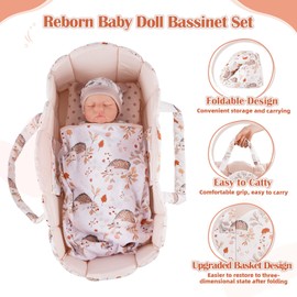 BABESIDE 3 Pcs Baby Doll Bassinet with Doll Bedding Set for 17-22 Inch Babydolls, Cute Animal Print Baby Dolls Crib with Blanket for Reborn Baby Doll Accessories, Off-White