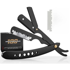 Professional Barber Straight Razor for Men – Black Straight Edge Razor with 100 Safety Blades Included:_Blue