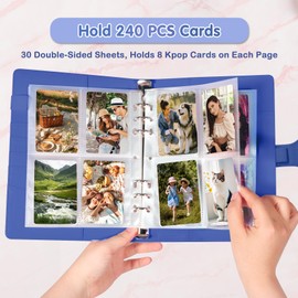 A5 Kpop Photocard Binder, PU Leather 6-Ring Album with Magnetic Closure, Includes 30 Pack 4-Pocket Pages for 240 Cards, Card Holder for Trading and Collectible Cards (Deep Blue)
