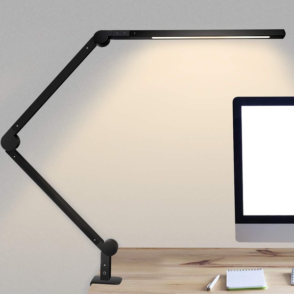 Desk Lamp with Clamp | Swing Arm Desk Light | Eye Caring Table Lamp, Dimmable, 5 Color Modes, Memory, Timer | Modern Architect Desk Lamps for Home Office Study Work Task Drafting Workbench