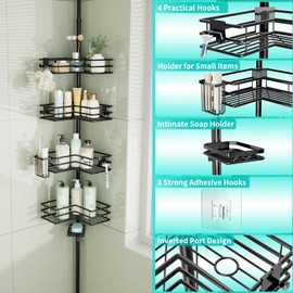 HapiRm HapiRm Corner Shower Caddy Organizer - Shower Organizer Corner with Soap Holder, Toothbrush Holder and 4 Hooks, Rustproof Bathroom Shelf Tension Pole Available for 27.6 to 108.3 Inch - Black