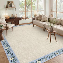 GarveeHome Washable Area Rugs for Bedroom 5x7 Living Room Modern Floral Throw Rugs Non-Slip Lightweight Thin Carpet Modern Farmhouse Print Non-Shedding Soft Low Pile Floor Cover, Beige