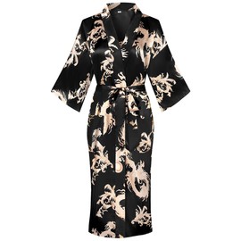 DandyChic Women's Long Floral Satin Robes Imitation Silk Sleepwear Bridal Dressing Gown for Bridesmaid Nightgown, Black/Feather-XL