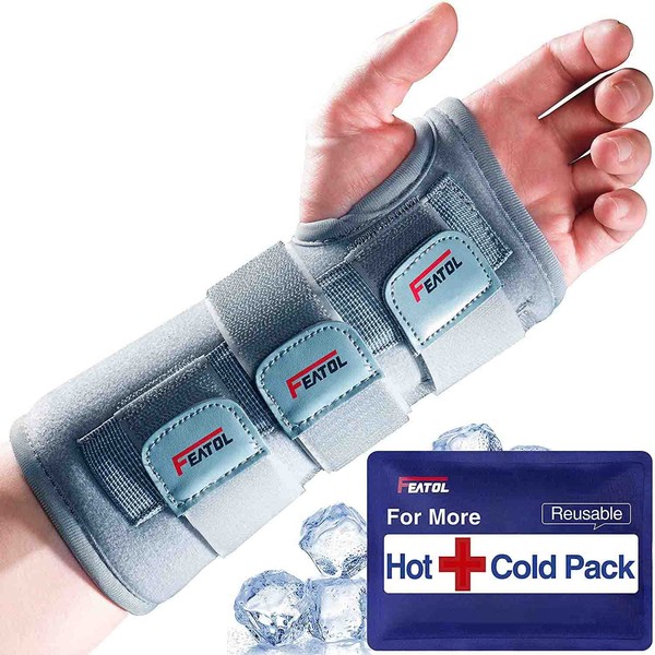 FEATOL Carpal Tunnel Wrist Brace | Night Sleep Support Brace, Removable Metal Wrist Splint- Hot/Ice Pack, Left Hand, Small/Medium, Adjustable Hand Brace for Men, Women, Relieve and Treat Wrist Pain
