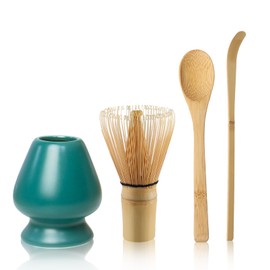 Matcha Tea Set with Whisk and Spoon, Matcha Whisk Kit with Ceramic Whisk Holder Scoop Matcha Ceremony Accessory Set Matcha Gift Set(DarkGreen)