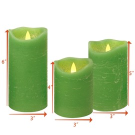 CANDLE CHOICE Battery Operated Flameless Candles with Remote Timer Real Wax Realistic Bright Flickering Electric LED Pillars Lights Wedding Party Christmas Decorations Set of 3 Rustic Texture Green