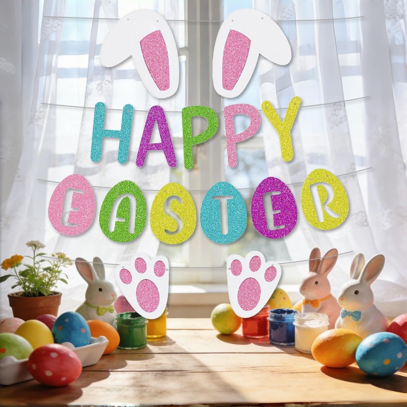 Happy Easter Bunny Banner with Bunny Paw Ears and Eggs