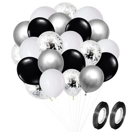 KIRIKOU 12 Inch 60 Pack Black Silver and White Confetti Balloons Garland Arch Kit Chrome Metallic Shinny Pastel Balloons with Ribbons for Wedding Baby Shower Graduation Birthday Party Decorations