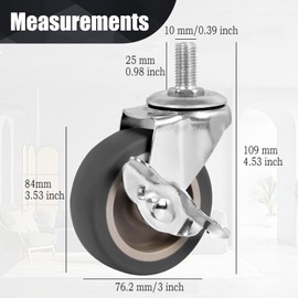 BAISASY Caster Wheels, 3 Inch Stem Casters Set of 4, Heavy Duty Swivel Wheel with Brake, Metric Size M10-1.5-25 (Screw Diameter 10mm, Screw Length 25mm) Casters for Workbench Trolley, Furniture Dolly