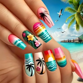 Vopintpy Coconut Tree Flowers Press on Nails Summer Ocean Sunset Fake Nails Long Square Artificial Glue on Nail Glossy Full Cover Stick on Nail for Women DIY Manicure