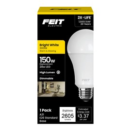 Feit Electric A21 LED Light Bulb, 150W Equivalent, Dimmable, 2605 Lumens, E26 Standard Base, 3000K Bright White, 80 CRI, High Output LED Light Bulb, Damp Rated, 15,000-Hour Lifetime, OM150DM/830/LED