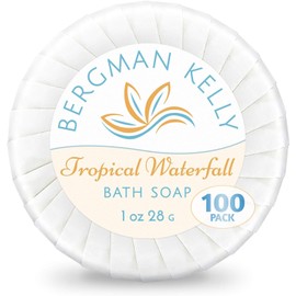 BERGMAN KELLY Hotel Soap Bars in Bulk (Tropical Waterfall, 1 oz, 100 PK), Travel Size Cleansing Soap, Small Individually Wrapped Round Soap, Mini Size Toiletries: Airbnb, Motel, Guest Bath