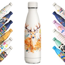 KollyKolla Stainless Steel Drinking Bottle, 500 ml, 3D Print Drinking Bottle, Sports Bottle, Suitable for Carbonated Drinks, Leak-Proof Thermos Flask, BPA-Free, Drinking Bottles for Children, School,