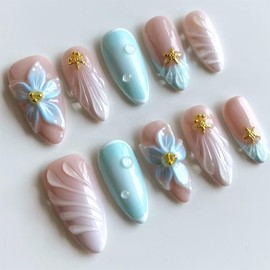 24pcs Summer Press on Nails Medium Almond Fake Nails with 3D Blue Flower Designs Gold Starfish Bead Glue on Nails French Tip False Nails Summer Beach Acrylic Nails Full Cover Stick on Nails for Women