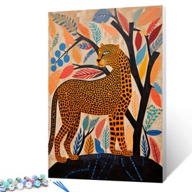 Paint by Number Leopard Gond Painting Style DIY Painting On Canvas with Brushes Acrylic Paints Gond Leopard Animal Paint by Numbers for Adults and Kids Students Beginner 16x20 Inch（without Frame）
