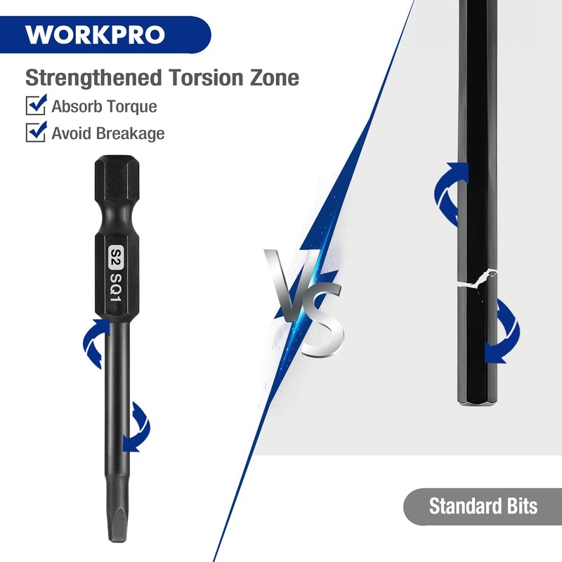 WORKPRO 10pcs Square Bit Set, CNC Machined S2 Steel Magnetic
