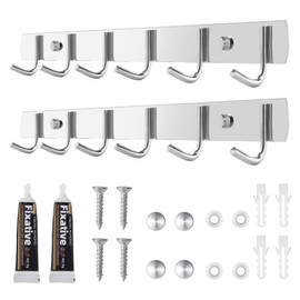 Pack of 2 Hook Rack Kitchen Coat Hooks Made of 304 Stainless Steel Coat Rack with 6 Hooks Easy Installation Coat Hooks Wall Coat Hooks Stainless Steel for Kitchen, Bathroom, Living Room, Hallway