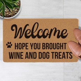 Welcome Door Mat Hope You Brought Wine & Dog Treats Outdoor Indoor Entrance, Low-Profile Floor Mats Non Slip Durable Entrance Rugs for Entry, Patio, High Traffic Areas Front Door, 17" x 29.5"