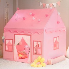 Large Kids Tent Playhouse Basic Mat with Star Lights, Flags and Tote Bags, Kids Play Tent Indoor & Outdoor, Washable Teepee Tent for Boys & Girls, Kids Play House for Toddler, Neutral Color - Color: Pink