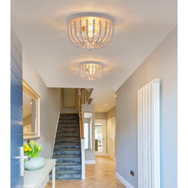 Q&S Boho Chandelier Wood Beaded Flush Mount Ceiling Light Fixtures for Nursery Baby Bedroom Kitchen Hallway,Oak White Finish,2-Lights