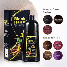 Coloración Instantánea de Cabello Negro para Cabello Gris, 3 en 1 Dye Shampoo Negro, 100% Cobertura de Canas Grises, Dye Shampoo Fácil