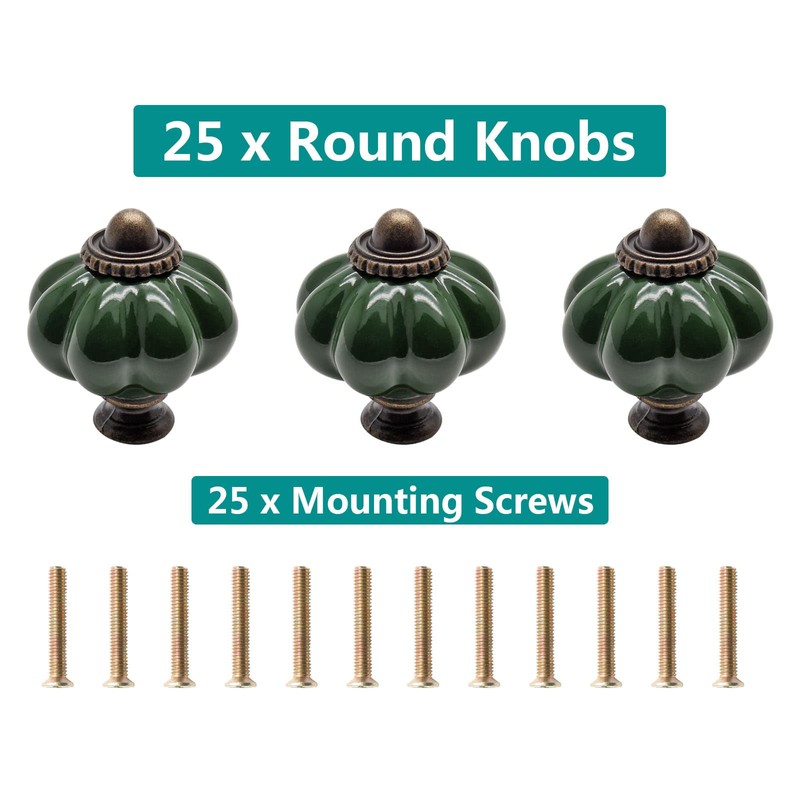 Seimneire 25pcs Dark Green Pumpkin Knobs, Vintage Ceramic Cabinet Handles,