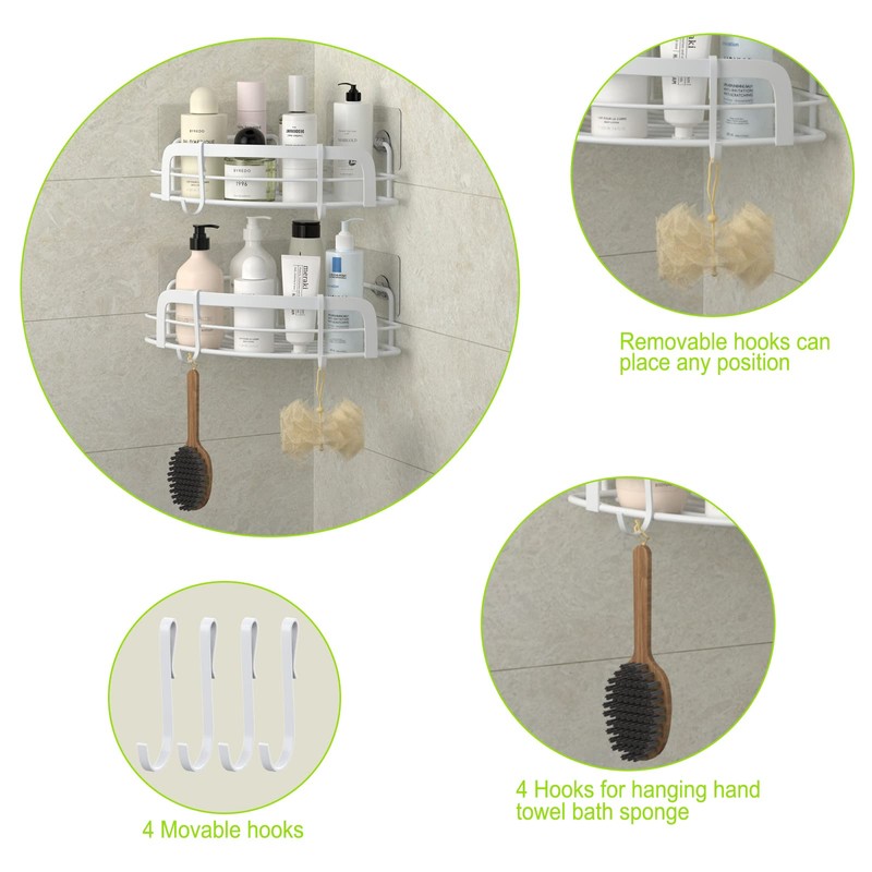STEUGO 2-Pack Corner Shower with 4 Hooks Adhesive, Bathroom Shower