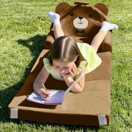 ORWIPO Kids Sofa Bed with Removable Washable Cover & Magic-Tape Backrest – Foldable Toddler Chair, Cozy Crystal Velvet Furniture for Playtime, Naps & Travel (Soft Brown, Bear Design)