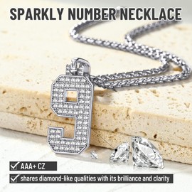 KeyStyle Baseball Number 9 Necklace for Men, Cubic Zirconia Bling CZ Number Chains Sport Lovers Jewelry