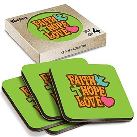 4 x Square Coasters - Faith Hope Love Religious Christian Cross Cork Backed MDF Glossy Tea Coffee Accessory #57594