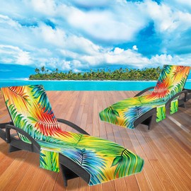 Lounge Chair Towel Cover, Chaise Lounge Cover (Pack of 2), Beach Chair Covers with 3 Pockets for Pool Sunbathing Beach Garden Courtyard Outdoor Trips, 85 x30 in, Flower and Leaves(Yellow Green)