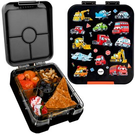 Fringoo - Bento Box - Lunchbox - Auslaufsicher, 650ml Fassungsvermögen, 4 Fächer, BPA-frei, Cars World Schwarz und Rot Design
