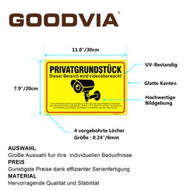 Goodvia Privatgrundstück Video Surveillance Signs DSGVO Metal Aluminium 30 x 20 cm This Area Is Video Surveillance Sign UV Protection Reflective Waterproof and Rustproof Thanks to Antioxidants