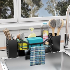 Koolkasa Sink Organiser, Kitchen Sponge Holder, Sink Organiser with Dish Cloth Holder and Storage Box, Metal Sink Organiser with Automatic Drain Pan, Can Hang (Black)