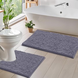 LuxUrux Bathroom Rug Set 2 Piece, Soft Absorbent Cheinlle Microfiber Bath Mat with Contour Toilet Rug, Non-Slip, Machine Wash Dry, Plush Shaggy Mats for Bathroom (20"x 30"+20"x 20" U-Shaped Gray)