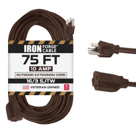 Iron Forge Cable Brown Outdoor Extension Cord 75 ft, 16/3 SJTW 75 Foot Dark Brown Exterior Extension Cord 3 Prong, Weatherproof Heavy Duty Brown Power Cable for Outside, Deck, Landscaping & Lawn