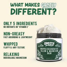 Grazly Whipped Beef Tallow for Skin w/Dead Sea Magnesium, Manuka Honey, Jojoba Oil & Vanilla - Grass Fed Beef Tallow Balm - Body & Face Moisturizer for Dry, Sensitive Skin - 2.5oz