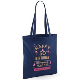 D Design Invent Print! 50th Birthday Gift Bag for Men Women Funny Gift Tote Shopping Bag Keepsake Age 50 Present 42cm x 38cm (Cotton, Navy)