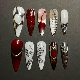 Almond Press on Nails Long Fake Nails with Butterfly Cherry Design Ombre Red Stick on Nails Silver Chrome Curve False Nail Reusable Full Cover French Tip Glue on Nail for Women Girls Manicure 24Pcs