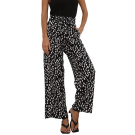 ECOWISH Palazzo Pants for Women: Wide Leg Flowy Polka Dot Work Pants Pockets High Waist Business Belt Striped Trousers Loose 160 Black Lightning Medium