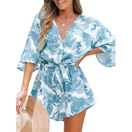 CUPSHE Women's Tropical Floral Leaf Print Belted Romper Mini Jumpsuit with Flare Sleeves