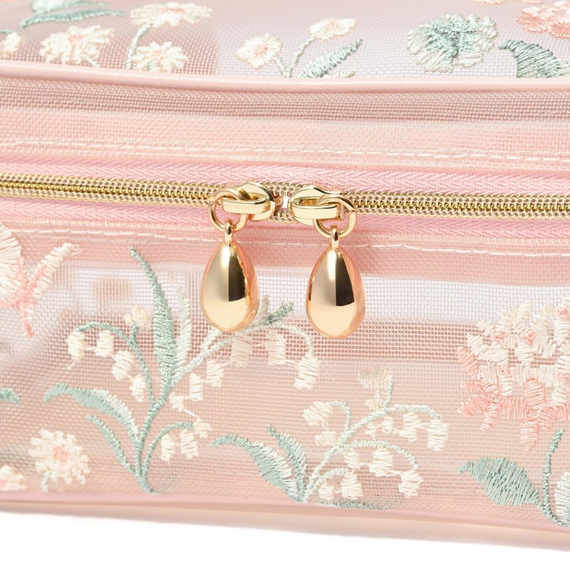 Francfranc Mesh Embroidery Vanity Pouch, Small, Pink