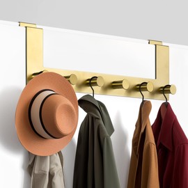 Navaris Over the Door Hanger Hooks - Coat Rack with 6 Knobs for Doors with a Step - up to 4cm Thick - Stainless Steel Gold