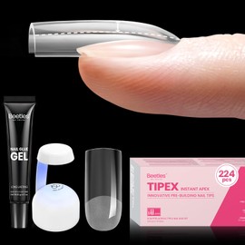 Tipex Nail Kit Medium Square Beetles Gel X Nail Tips 224 Pcs Pre Etched Fake Nails with Nail Glue LED Nail Lamp and Base Coat - Thick Acrylic Nail Set Pre Builder Gel Press-on Nails for Flat Nails