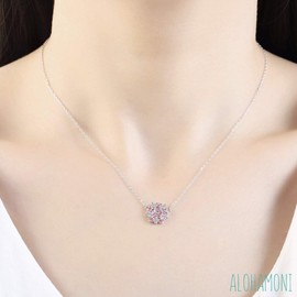 ALOHAMONI Sakura Motif Necklace, Cubic Zirconia, CZ, 925 Silver, Chain, Sakura, Pendant, Pink, Glitter, Small, Dainty Cute, Length 15.7 inches (40 cm), Silver