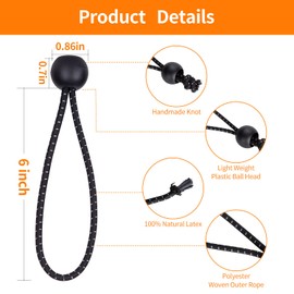 Ball Bungee Cords 6 Inch, 50 PCS Heavy Duty Black Bungie Cord Balls Canopy Tarp Tie Cords for Camping, Shelter ,Cargo,Projector Screen,Tent Poles with UV Resistant