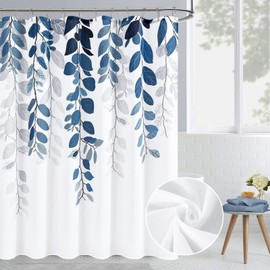 BOODII Blue Eucalyptus Shower Curtains for Bathroom Floral Watercolor Leaves on Top Shower Curtain Botanical Nature Fabric Bath Curtain Country Plant Cloth Bathroom with Hooks 72x72