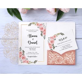 20 Pcs Laser Cut Wedding Invitations Card Pocket with Envelope for Birthday Party Baby or Bride Shower Invite suitable for 5 * 7 Inches Insert Paper (Rose Gold Glitter)