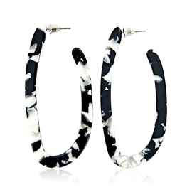 Multi Color Acetate Hoop Earrings - Mottled Resin Geometric Statement Hoops Leopard Oval, Animal Disc Threader, Tortoise Leaf Marbled Flower (Acetate Oval Hoops - Black)